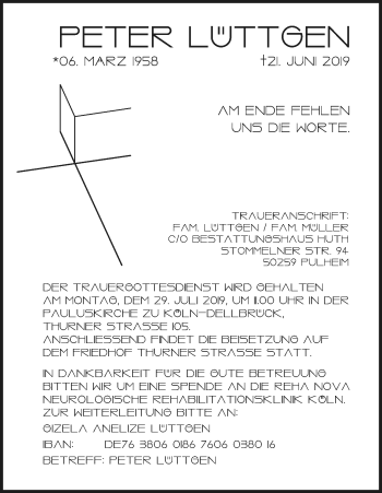 Anzeige von Peter Lüttgen von Kölner Stadt-Anzeiger / Kölnische Rundschau / Express