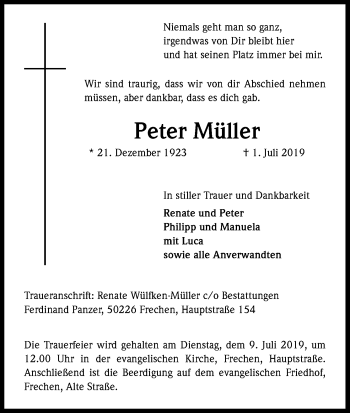 Anzeige von Peter Müller von Kölner Stadt-Anzeiger / Kölnische Rundschau / Express