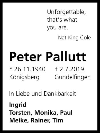 Anzeige von Peter Pallutt von Kölner Stadt-Anzeiger / Kölnische Rundschau / Express