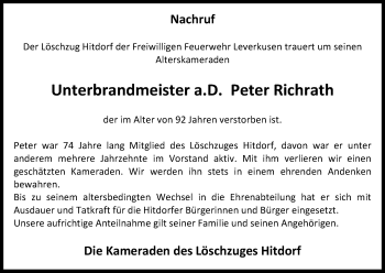 Anzeige von Peter Richrath von Kölner Stadt-Anzeiger / Kölnische Rundschau / Express