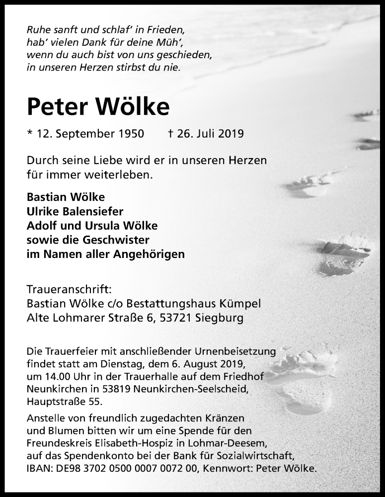  Traueranzeige für Peter Wölke vom 31.07.2019 aus Kölner Stadt-Anzeiger / Kölnische Rundschau / Express
