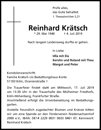 Anzeige von Reinhard Krätsch von Kölner Stadt-Anzeiger / Kölnische Rundschau / Express
