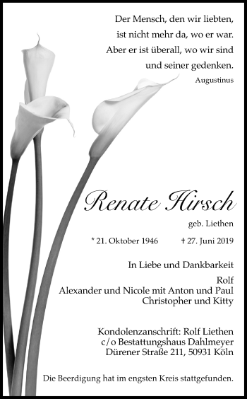Anzeige von Renate Hirsch von Kölner Stadt-Anzeiger / Kölnische Rundschau / Express