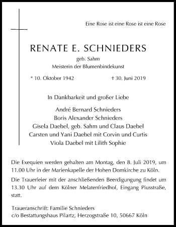 Anzeige von Renate Schnieders von Kölner Stadt-Anzeiger / Kölnische Rundschau / Express