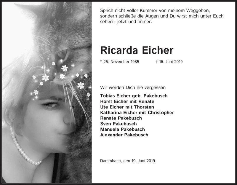 Traueranzeige für Ricarda Eicher vom 06.07.2019 aus Kölner Stadt-Anzeiger / Kölnische Rundschau / Express