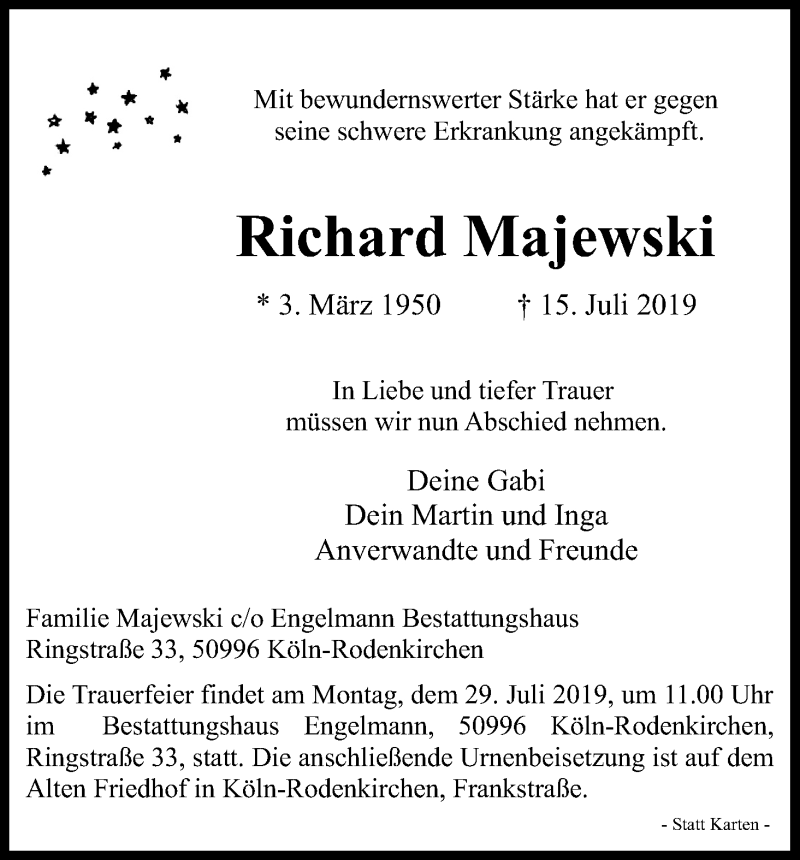  Traueranzeige für Richard Majewski vom 20.07.2019 aus Kölner Stadt-Anzeiger / Kölnische Rundschau / Express