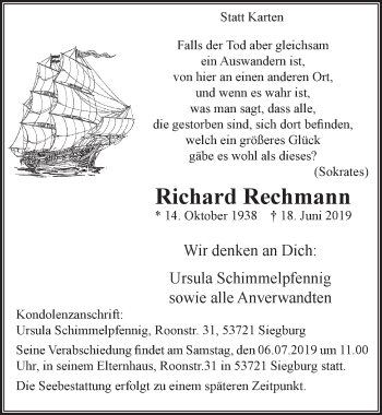 Anzeige von Richard Rechmann von  Rhein-Sieg-Wochenende 