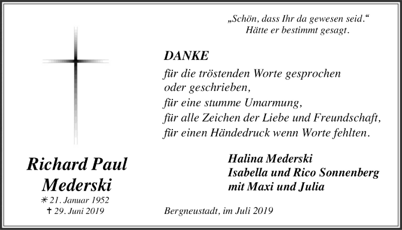  Traueranzeige für Richard Paul Mederski vom 24.07.2019 aus  Anzeigen Echo 