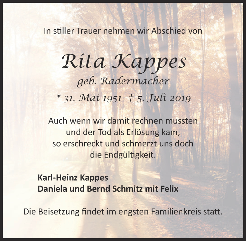 Traueranzeige für Rita Kappes vom 13.07.2019 aus  Blickpunkt Euskirchen 