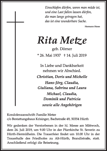 Anzeige von Rita Metze von  Sonntags-Post 