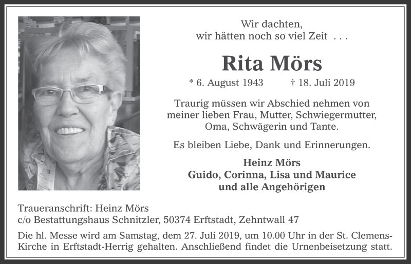  Traueranzeige für Rita Mörs vom 24.07.2019 aus  Werbepost 