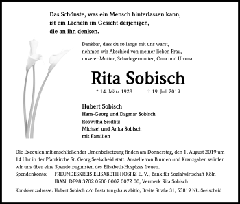 Anzeige von Rita Sobisch von Kölner Stadt-Anzeiger / Kölnische Rundschau / Express