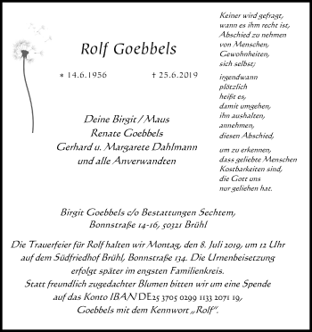 Anzeige von Rolf Goebbels von Kölner Stadt-Anzeiger / Kölnische Rundschau / Express