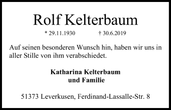 Anzeige von Rolf Kelterbaum von Kölner Stadt-Anzeiger / Kölnische Rundschau / Express