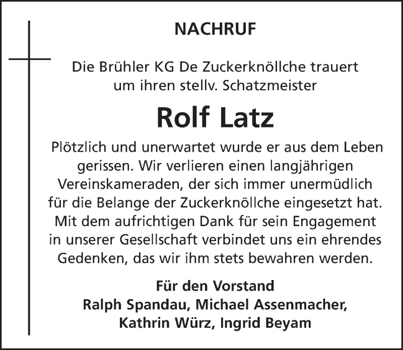  Traueranzeige für Rolf Latz vom 24.07.2019 aus  Schlossbote/Werbekurier 