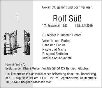 Anzeige von Rolf Süß von  Bergisches Handelsblatt 