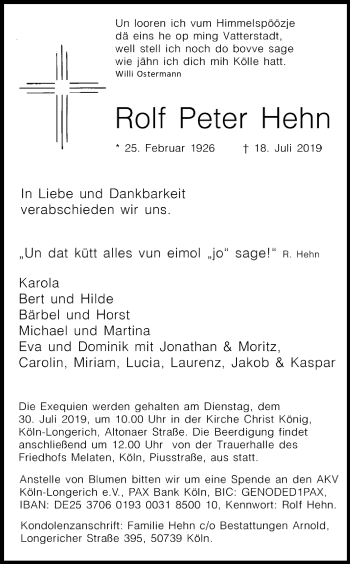 Anzeige von Rolf Peter Hehn von Kölner Stadt-Anzeiger / Kölnische Rundschau / Express