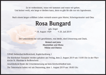 Anzeige von Rosa Bungard von Kölner Stadt-Anzeiger / Kölnische Rundschau / Express