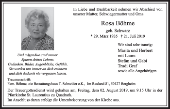 Anzeige von Rosa Böhme von  Sonntags-Post 