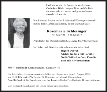 Anzeige von Rosemarie Schlesinger von  Werbepost 