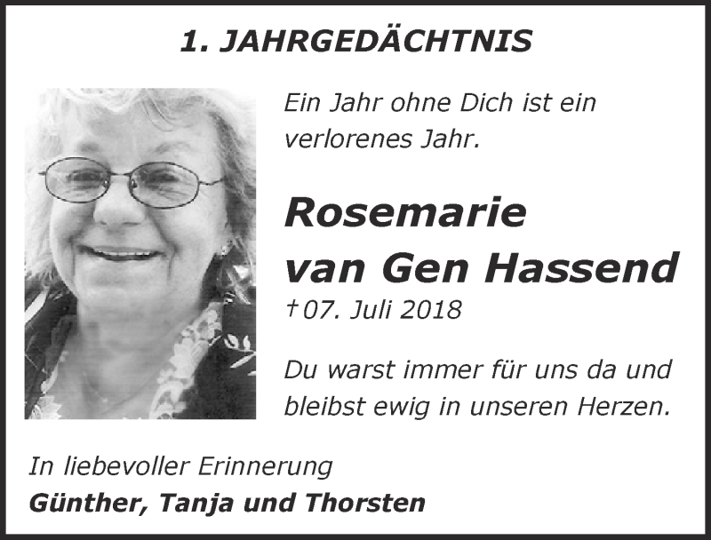  Traueranzeige für Rosemarie van gen Hassend vom 10.07.2019 aus  Kölner Wochenspiegel 