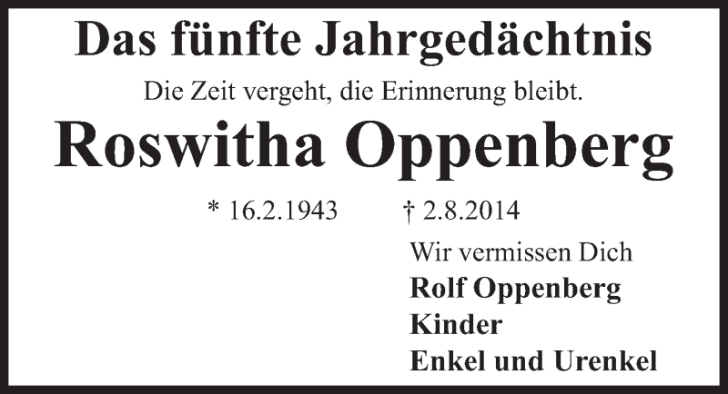  Traueranzeige für Roswitha Oppenberg vom 31.07.2019 aus  Schlossbote/Werbekurier 