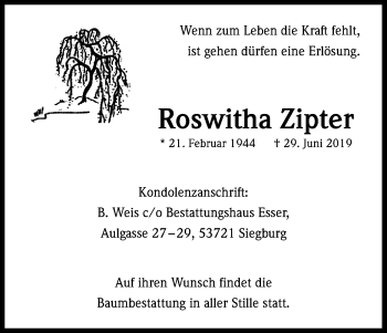 Anzeige von Roswitha Zipter von Kölner Stadt-Anzeiger / Kölnische Rundschau / Express