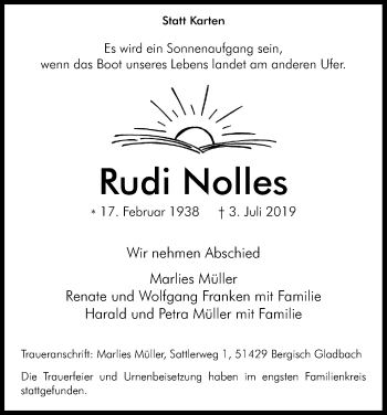 Anzeige von Rudi Nolles von Kölner Stadt-Anzeiger / Kölnische Rundschau / Express