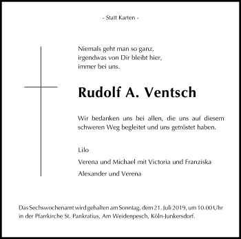 Anzeige von Rudolf  Ventsch von Kölner Stadt-Anzeiger / Kölnische Rundschau / Express