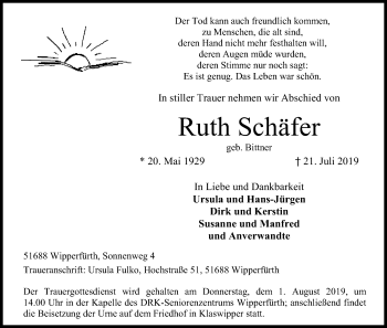 Anzeige von Ruth Schäfer von Kölner Stadt-Anzeiger / Kölnische Rundschau / Express