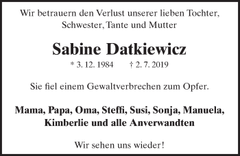 Anzeige von Sabine Datkiewicz von  Schlossbote/Werbekurier 