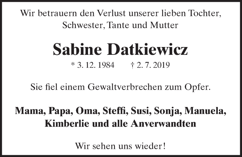  Traueranzeige für Sabine Datkiewicz vom 10.07.2019 aus  Schlossbote/Werbekurier 