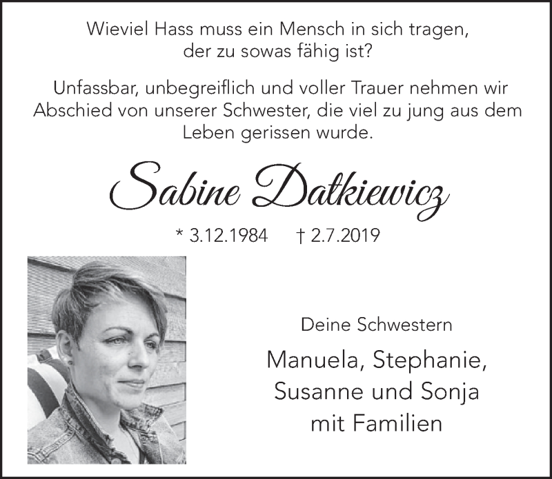  Traueranzeige für Sabine Datkiewicz vom 10.07.2019 aus  Schlossbote/Werbekurier 