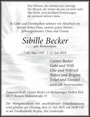 Anzeige von Sibille Becker von  Sonntags-Post 