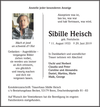 Anzeige von Sibille Heisch von Kölner Stadt-Anzeiger / Kölnische Rundschau / Express