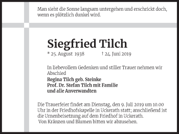 Anzeige von Siegfried Tilch von Kölner Stadt-Anzeiger / Kölnische Rundschau / Express