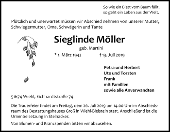 Anzeige von Sieglinde Möller von Kölner Stadt-Anzeiger / Kölnische Rundschau / Express