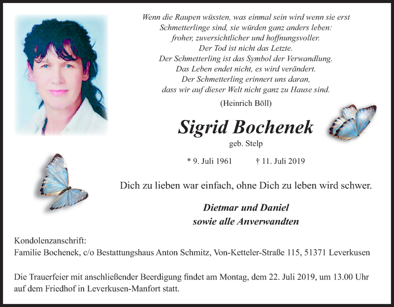  Traueranzeige für Sigrid Bochenek vom 18.07.2019 aus Kölner Stadt-Anzeiger / Kölnische Rundschau / Express