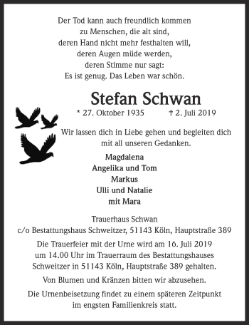 Anzeige von Stefan Schwan von  Kölner Wochenspiegel 