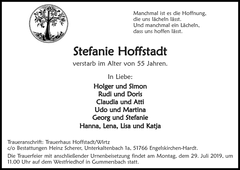 Traueranzeige für Stefanie Hoffstadt vom 23.07.2019 aus Kölner Stadt-Anzeiger / Kölnische Rundschau / Express