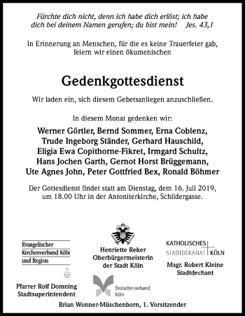 Anzeige von Sterbetafel vom 13.07.2019 von Kölner Stadt-Anzeiger / Kölnische Rundschau / Express
