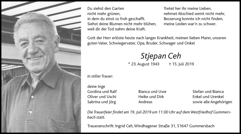  Traueranzeige für Stjepan Ceh vom 17.07.2019 aus Kölner Stadt-Anzeiger / Kölnische Rundschau / Express