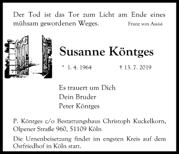 Anzeige von Susanne Köntges von Kölner Stadt-Anzeiger / Kölnische Rundschau / Express