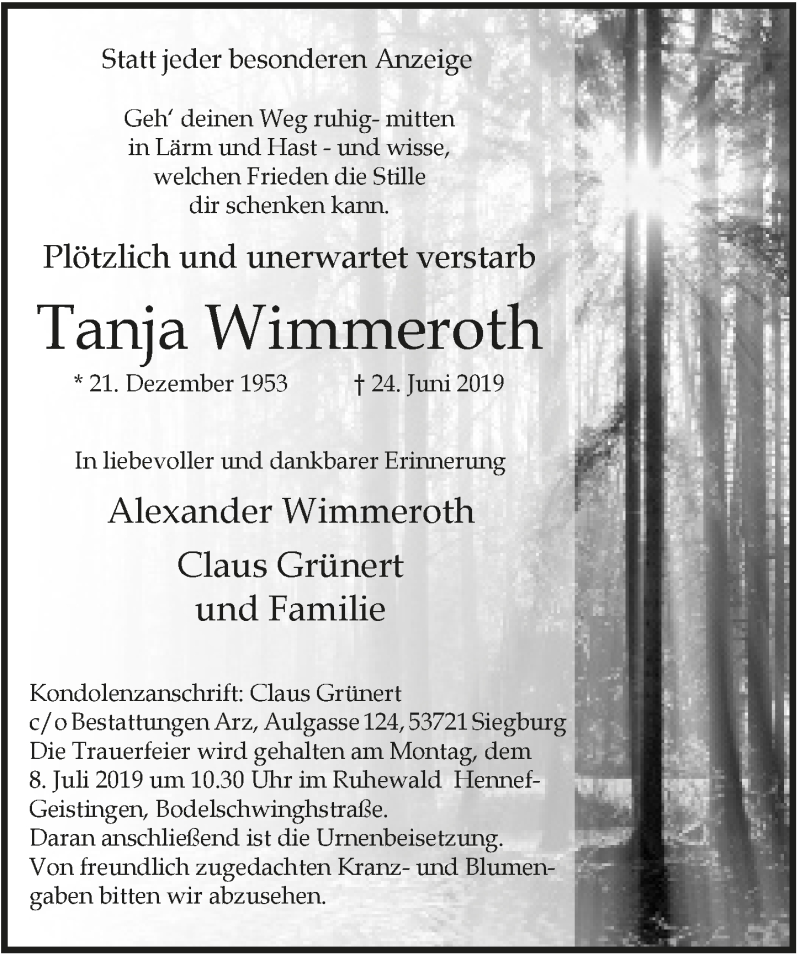 Traueranzeige für Tanja Wimmeroth vom 06.07.2019 aus  Rhein-Sieg-Wochenende 