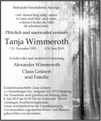 Anzeige von Tanja Wimmeroth von  Rhein-Sieg-Wochenende 