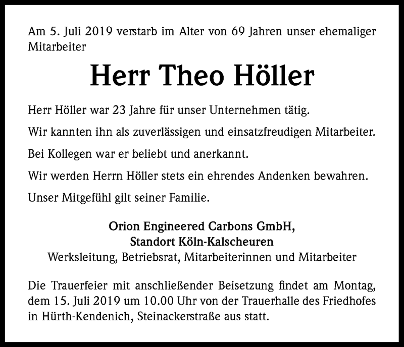  Traueranzeige für Theo Höller vom 11.07.2019 aus Kölner Stadt-Anzeiger / Kölnische Rundschau / Express