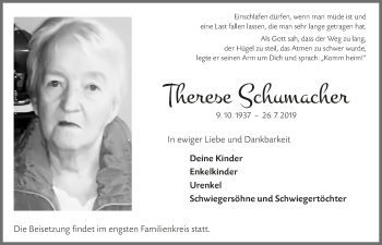 Anzeige von Therese Schumacher von  Bergisches Handelsblatt 