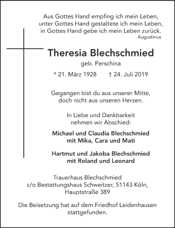 Anzeige von Theresia Blechschmied von  Kölner Wochenspiegel 