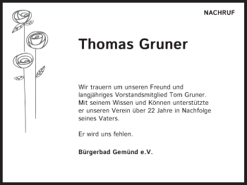 Anzeige von Thomas Gruner von Kölner Stadt-Anzeiger / Kölnische Rundschau / Express