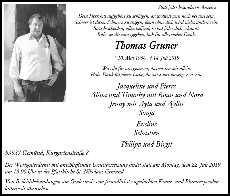  Traueranzeige für Thomas Gruner vom 17.07.2019 aus Kölner Stadt-Anzeiger / Kölnische Rundschau / Express